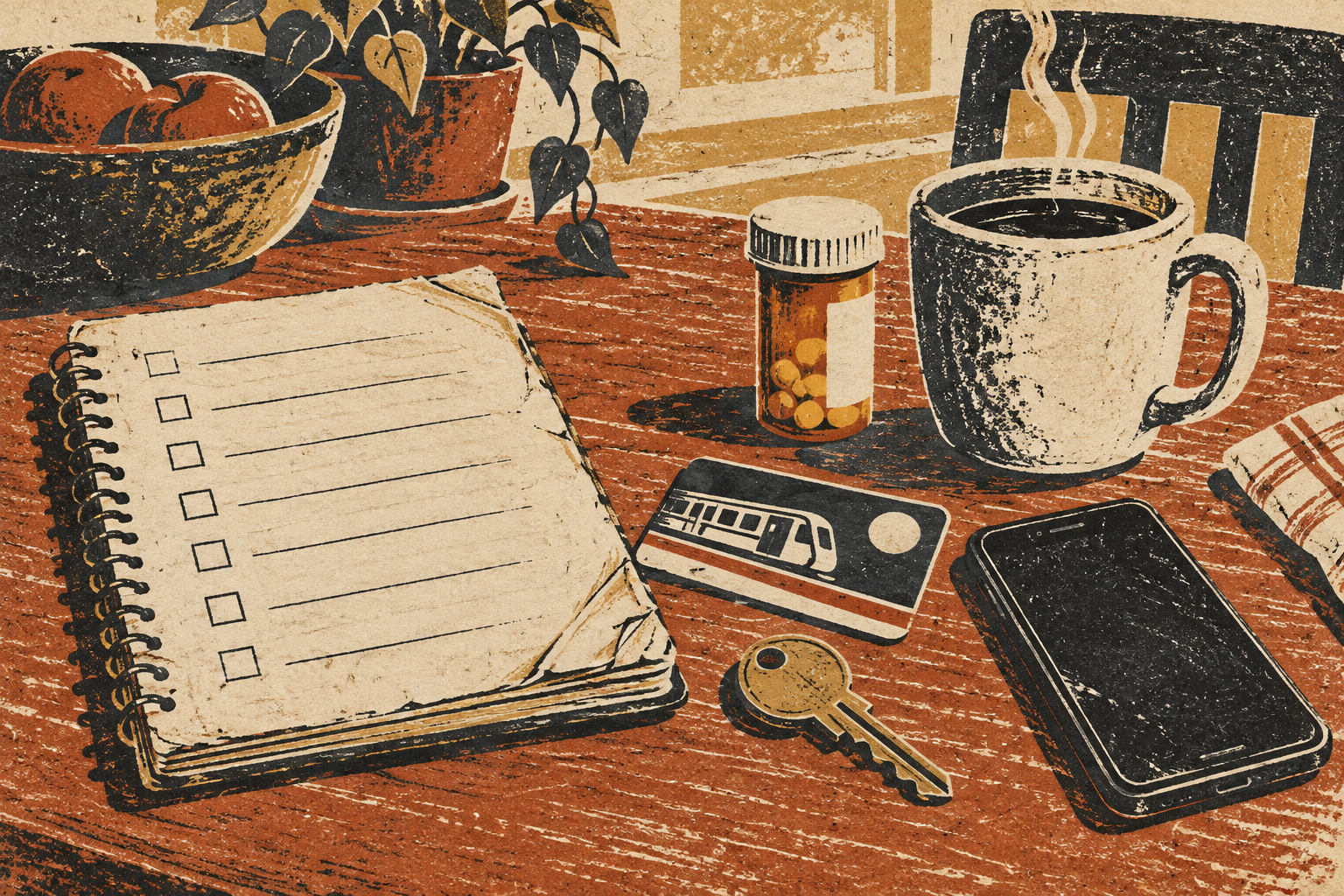 A notebook checklist, transit card, house key, phone, prescription bottle, and coffee on a kitchen table