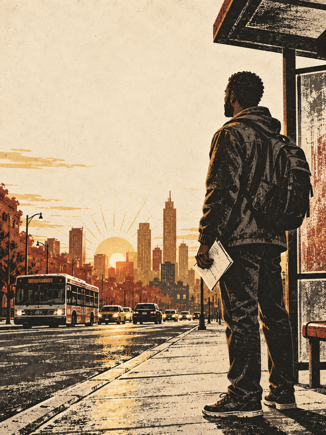 A returning citizen stands at a city bus stop at dawn with a folded plan in hand
