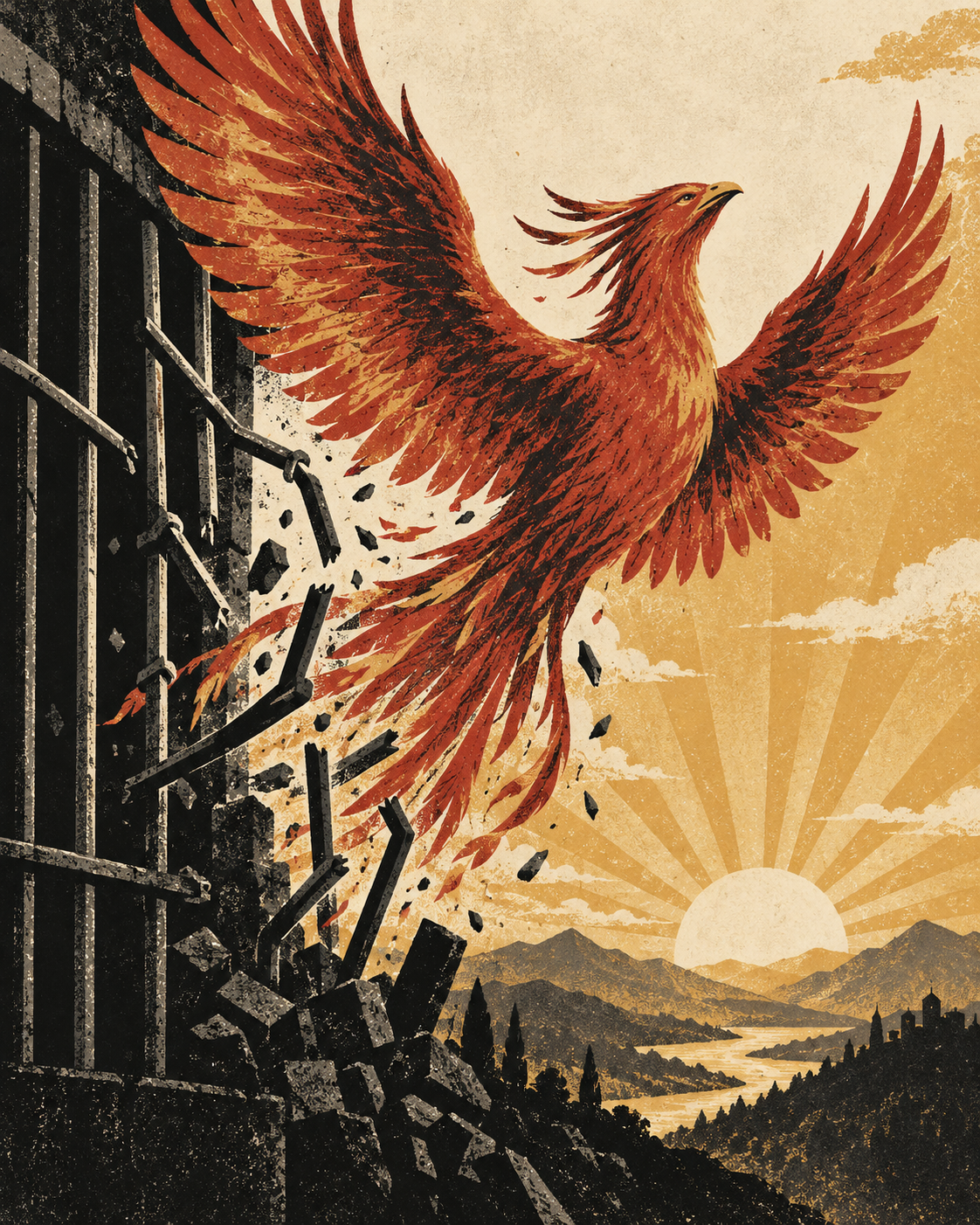 A phoenix rising through broken prison bars at sunrise